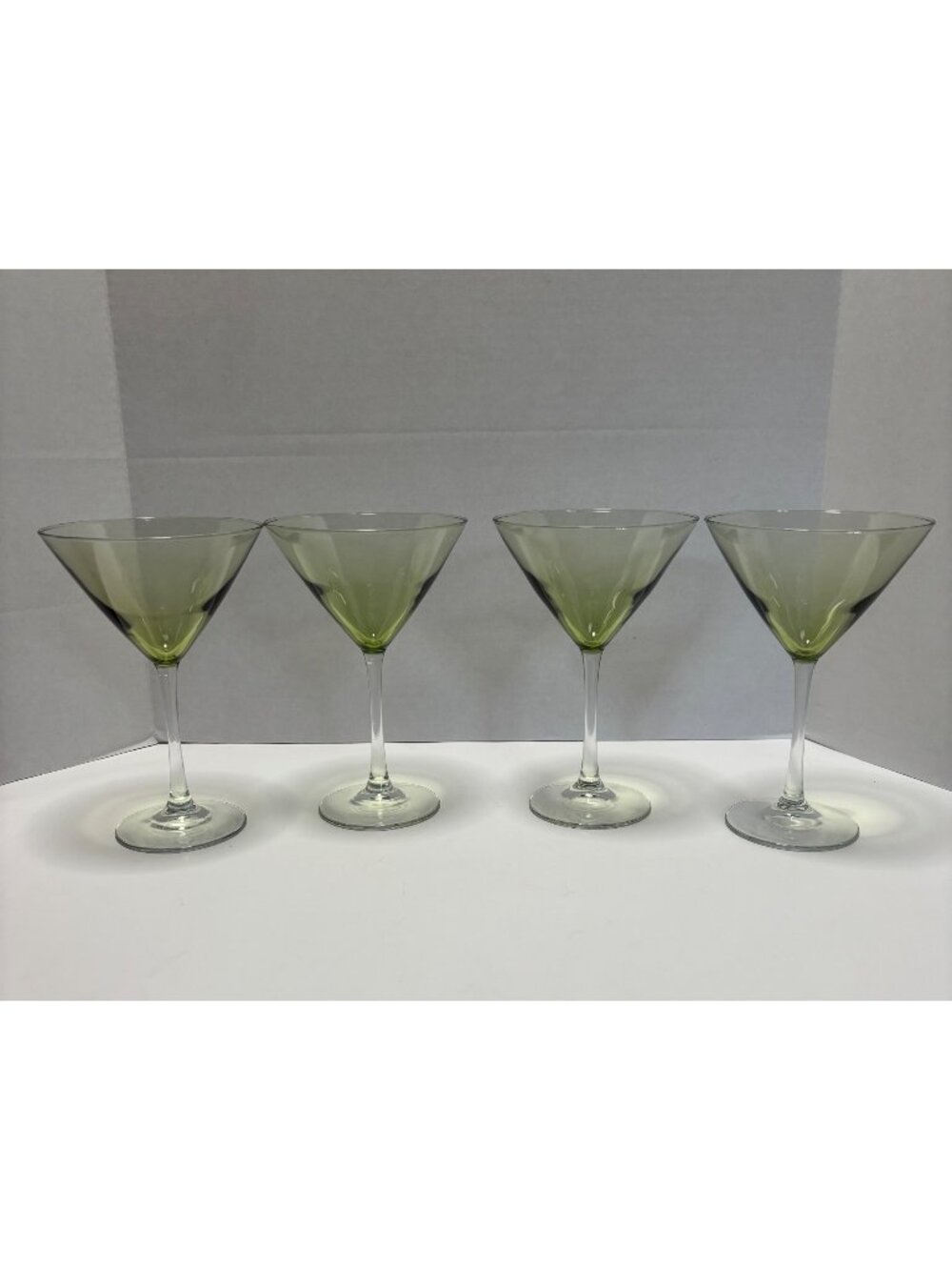 Olive Green Hand Blown Martini Glasses Elegant Design VTG 90s Barware Set Of 4